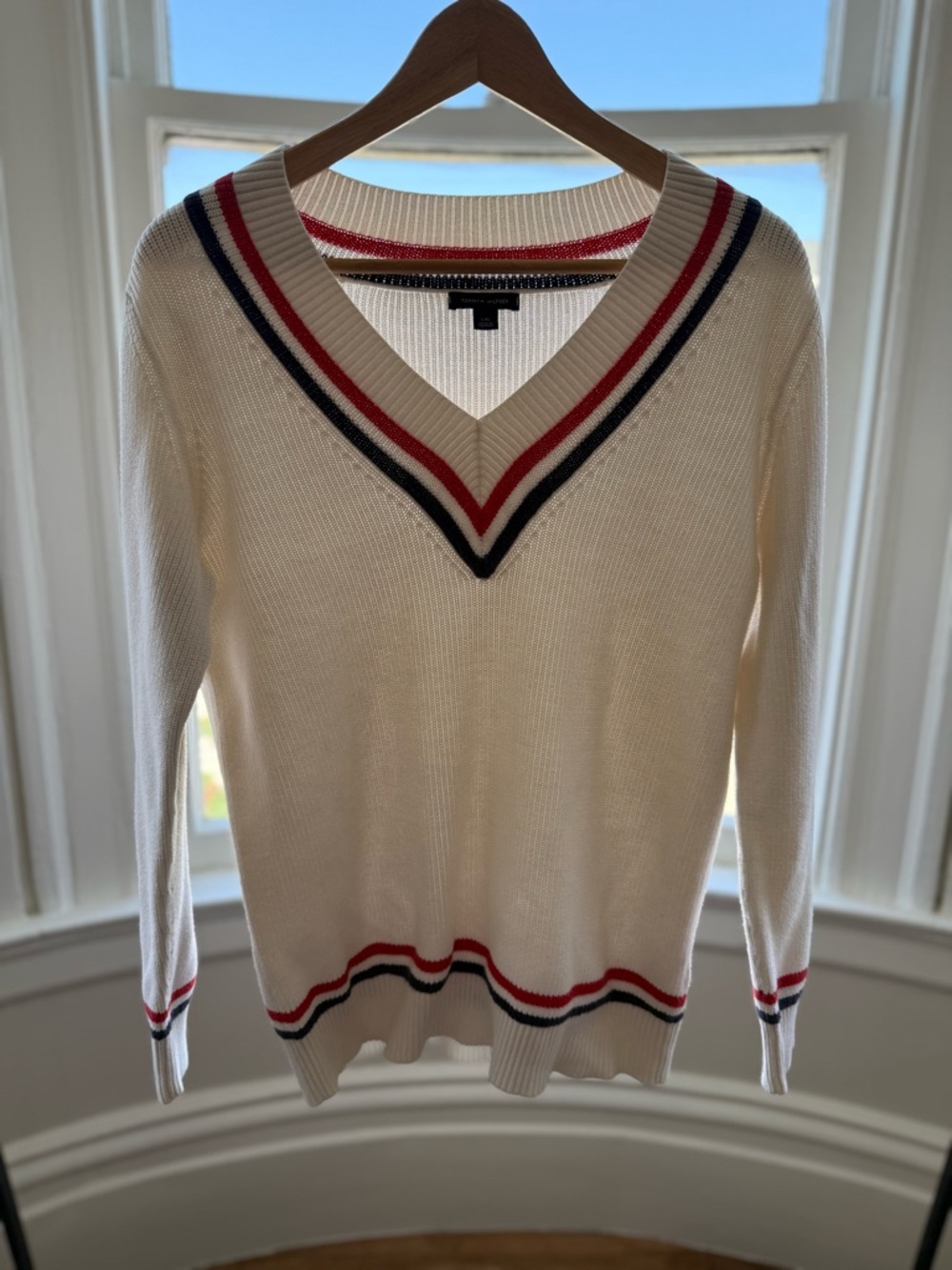 Tommy Hilfiger Cream Ribbed Knit Top with Signature Flag